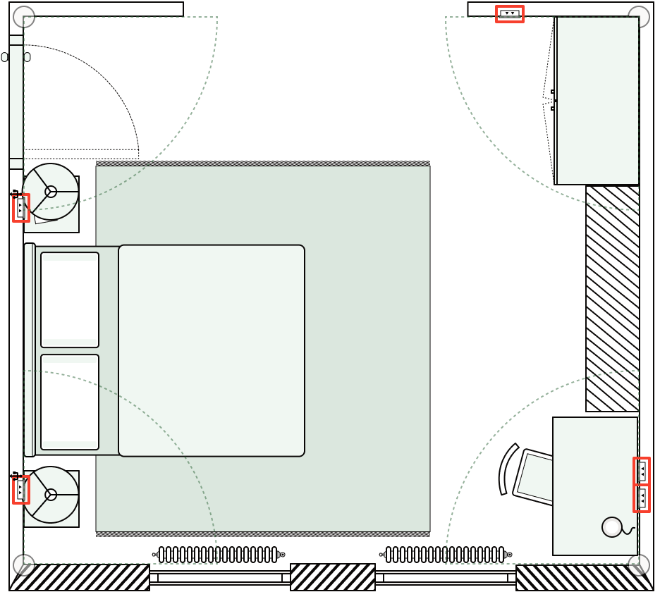 A floor plan with each corner socket area highlighted
