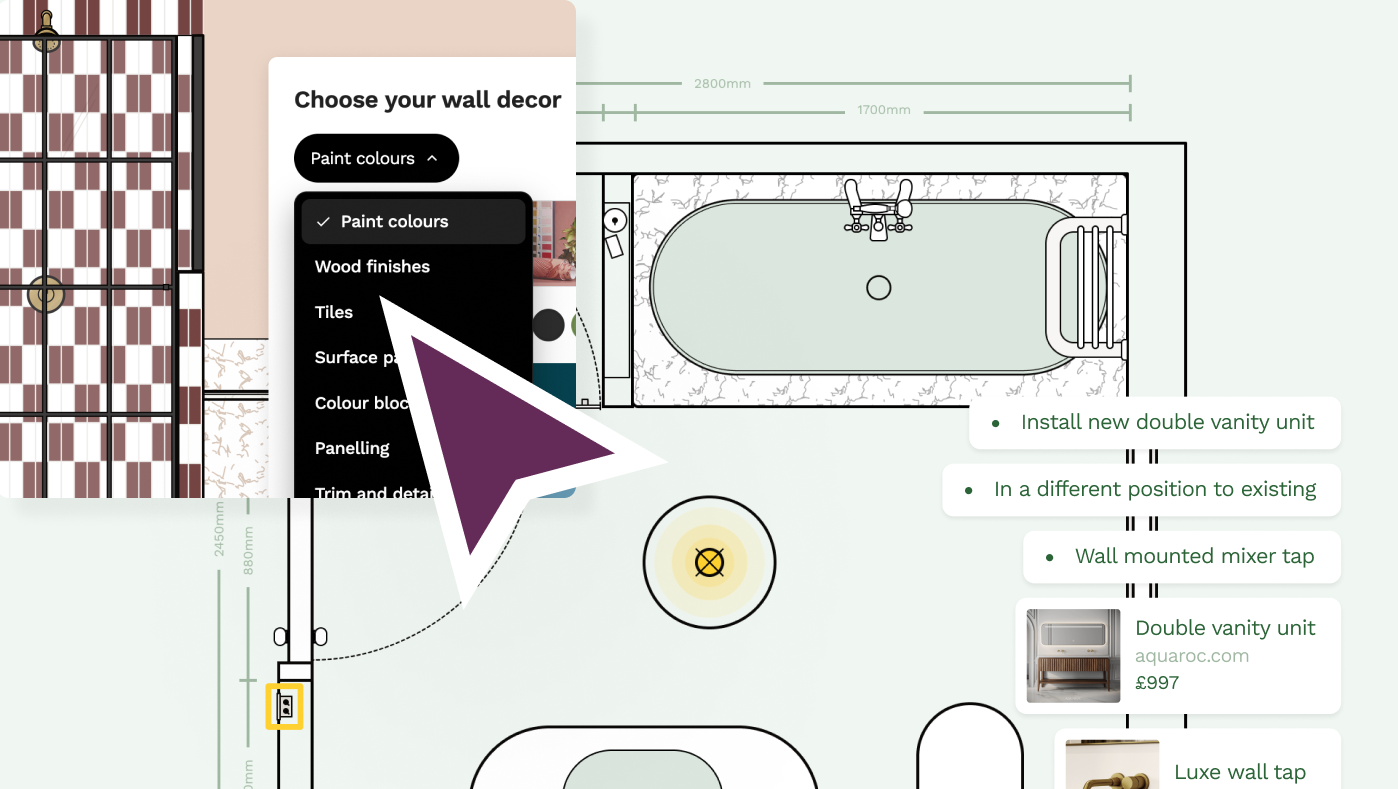 A floor plan created on Reno with the details of connected decisions when changing a bathroom layout
