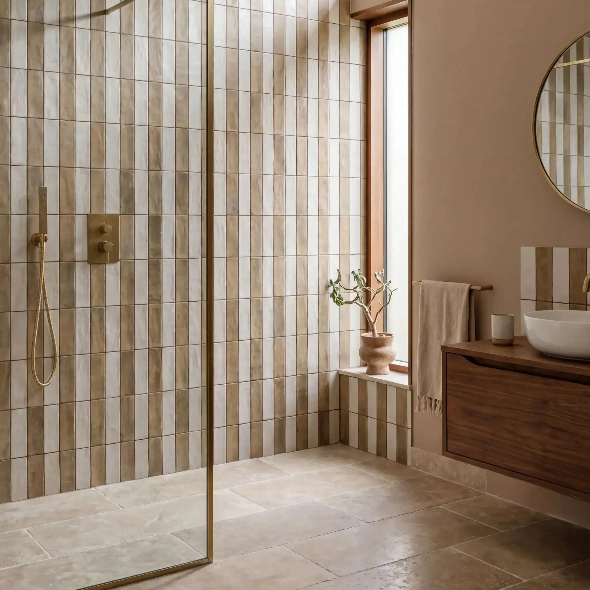 A bathroom using tiles to zone the space as well as provide protection from splash back