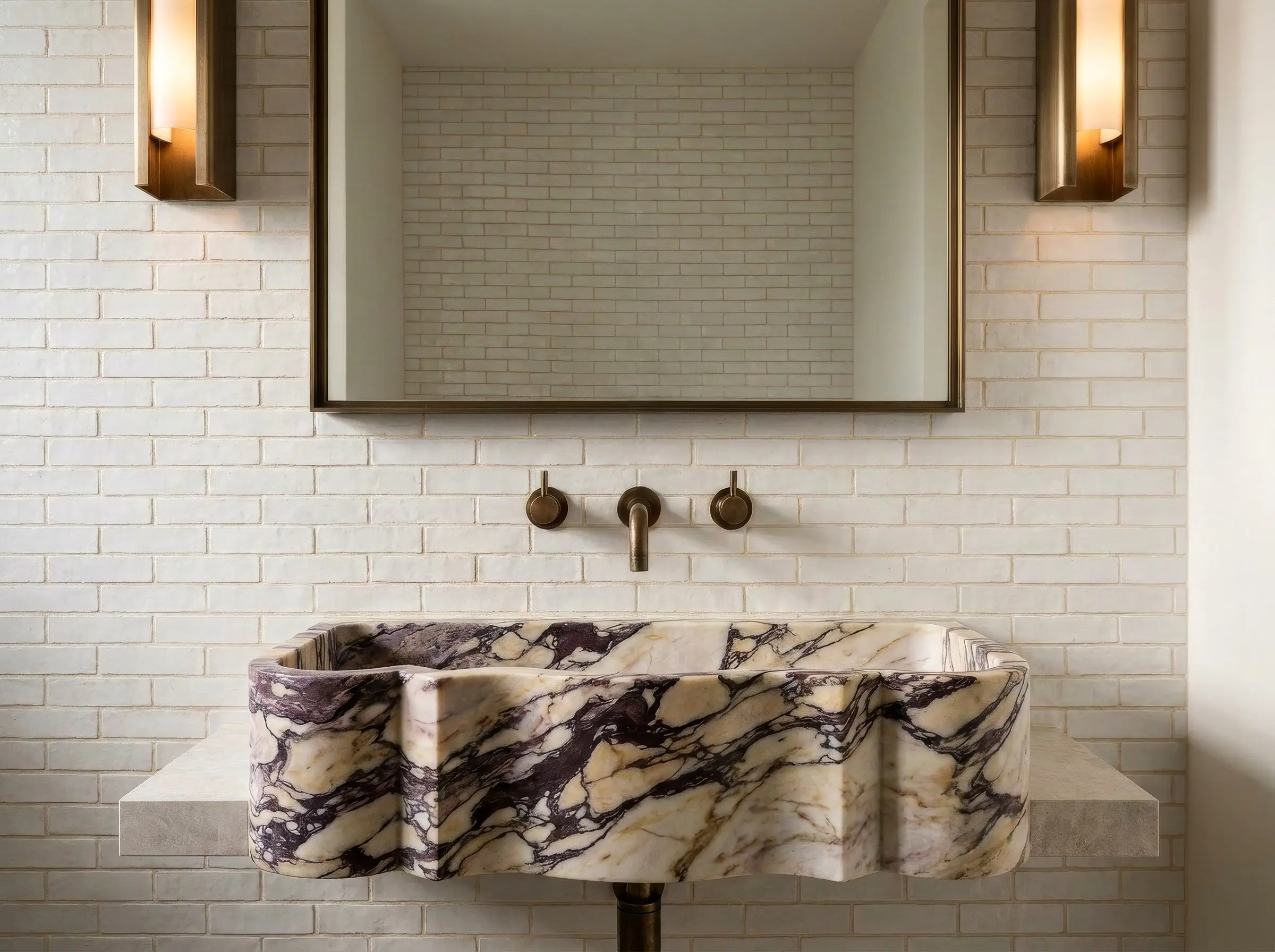 Tiles and grout lines aligned around a basin tap