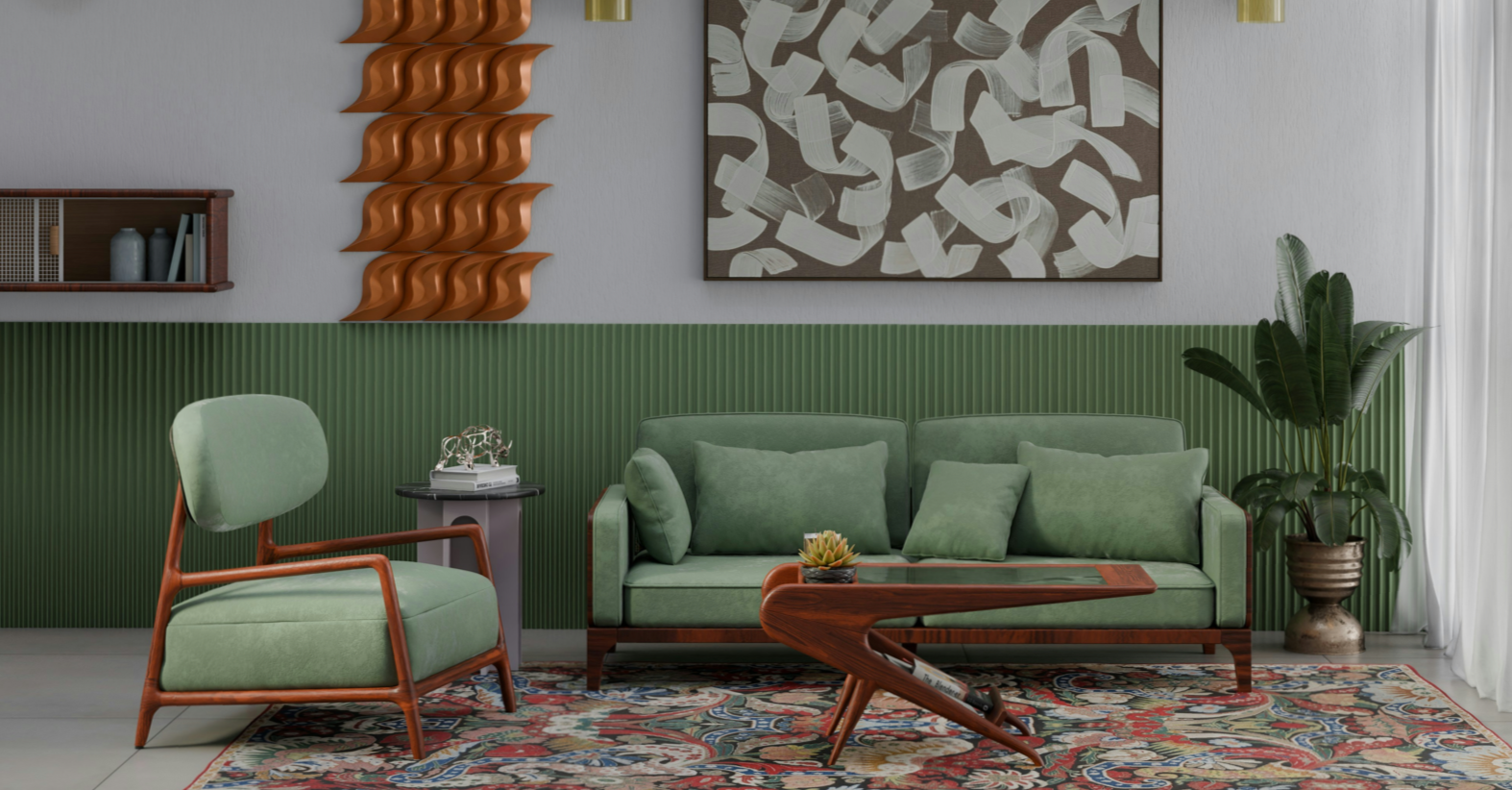 Muted sage green living room walls and furniture