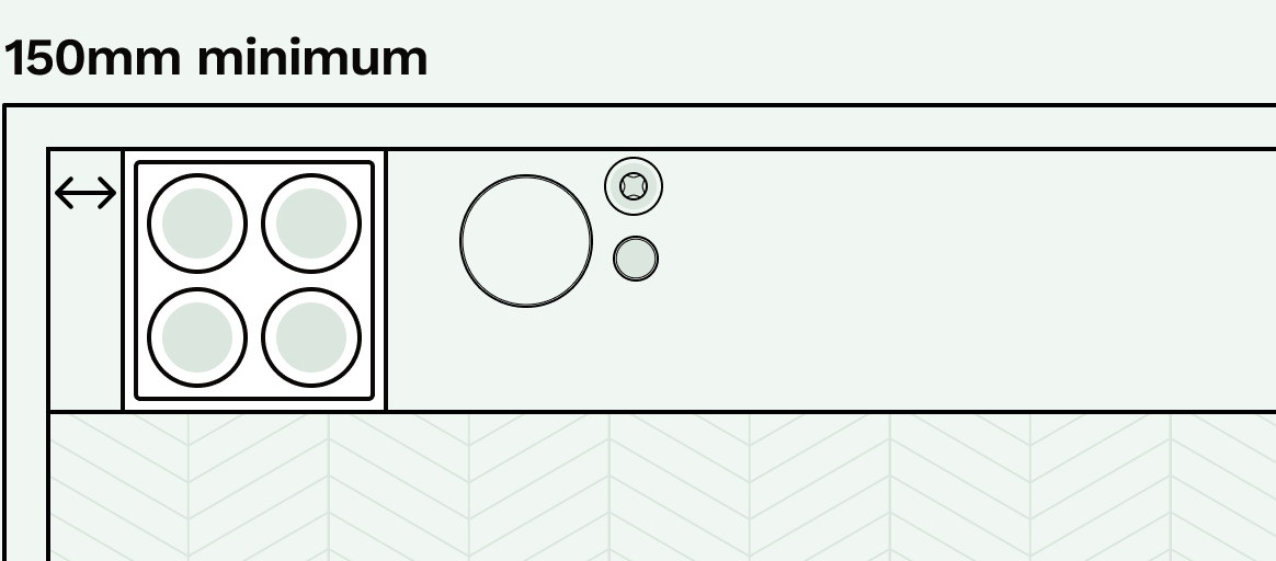 An illustration of the recommended distance to the side of a hob between the hob and a wall or tall unit