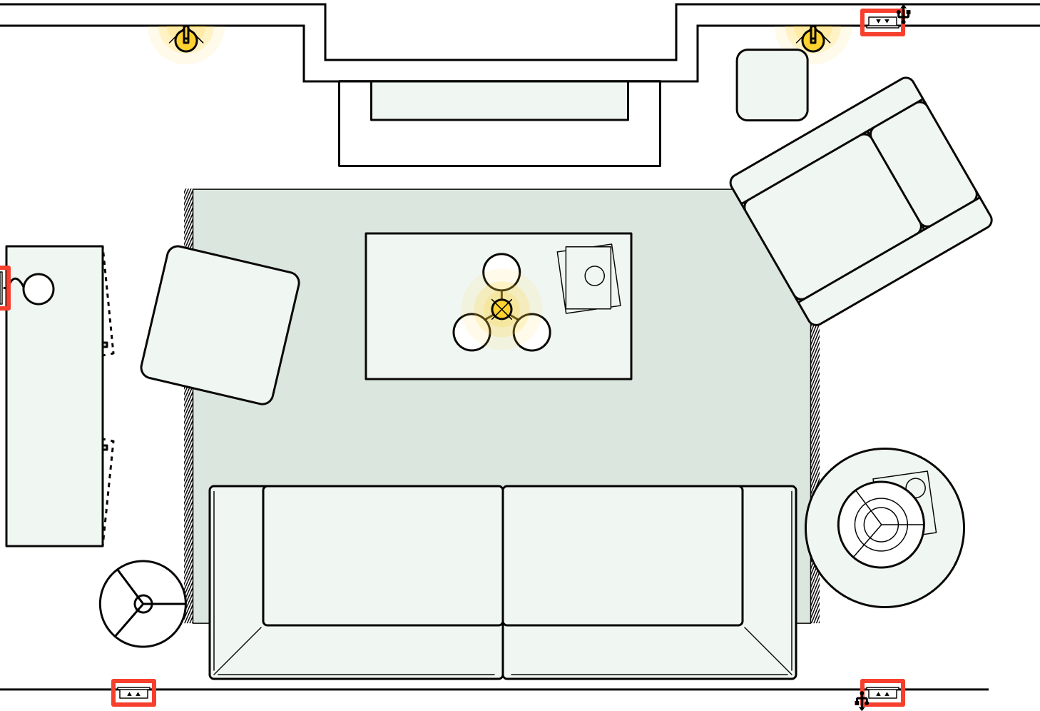 An illustration of a living room with different types of lighting highlighted.