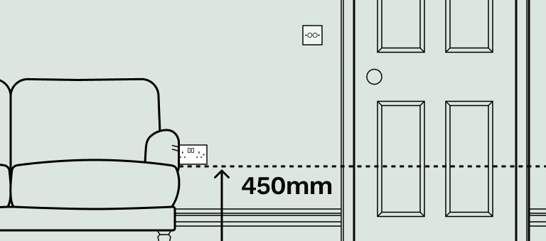 An illustration of a living room wall elevation showing socket height and placement considerations