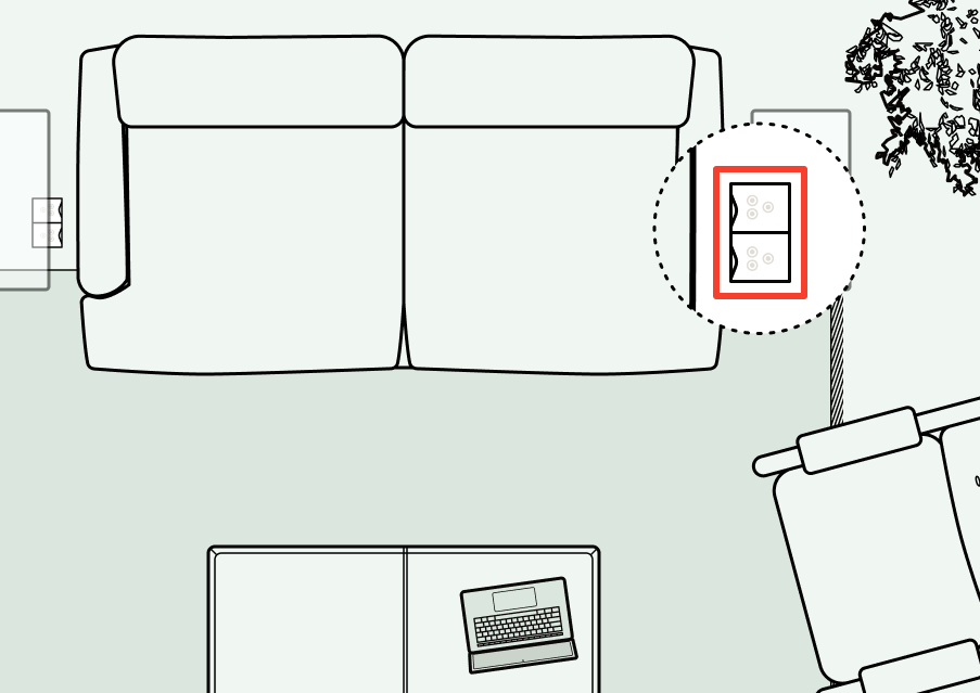 An illustration of a living room floor plan showing where floor sockets can work in a seating layout away from walls