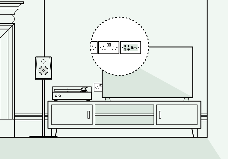 An illustration of a living room floor plan showing suggested plug socket positions around the TV area