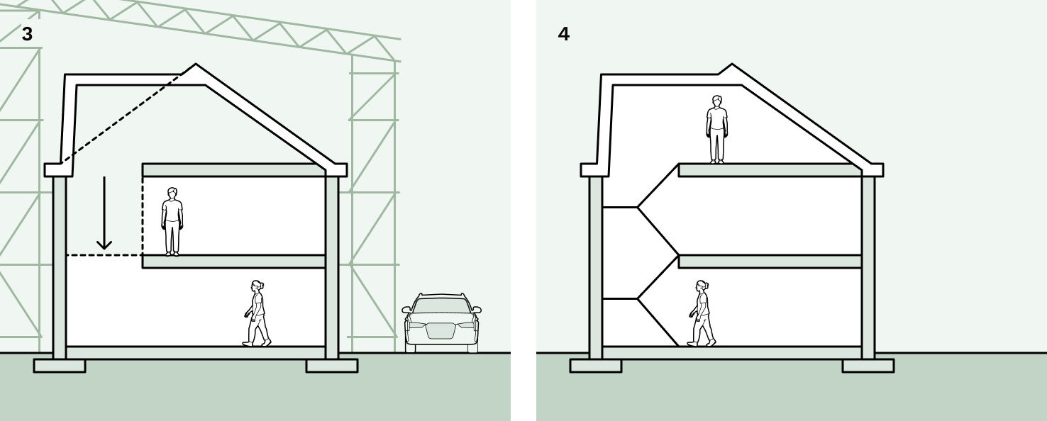 Illustration of adding the new staircase to the loft for stage three, and the fourth and final stage of a loft conversion