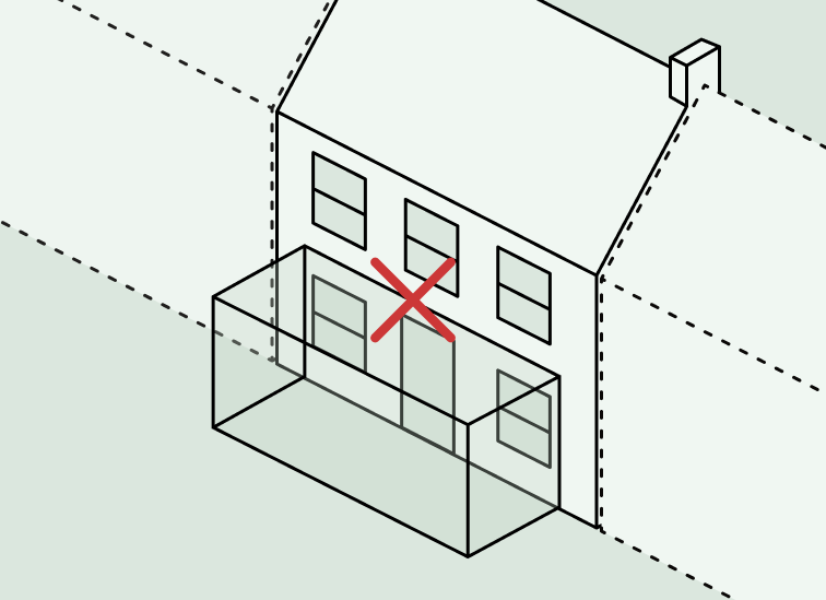 Diagram of an extension built forward of the front of a house, crossed out because it is not permitted development