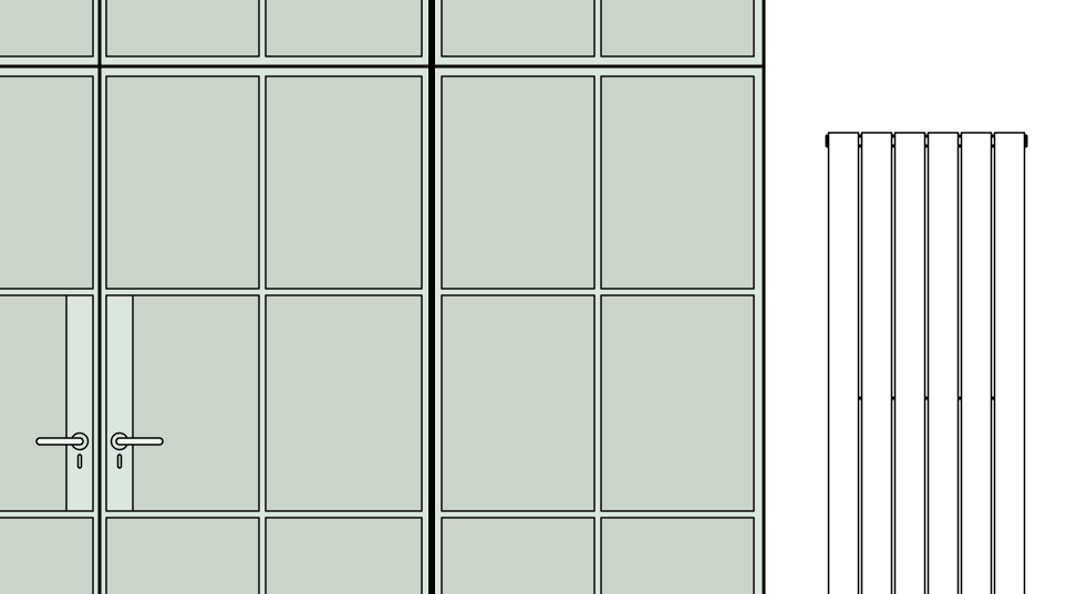 Large glazed doors with a vertical radiator to the side.