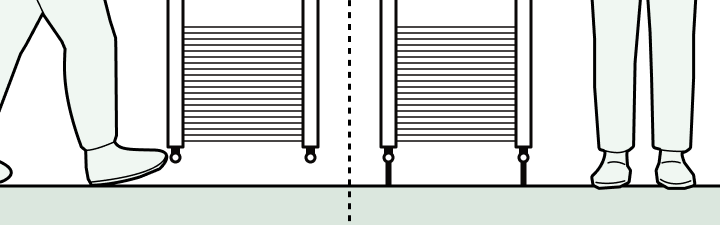 A towel radiator illustration with wall valve or floor valves side by side.