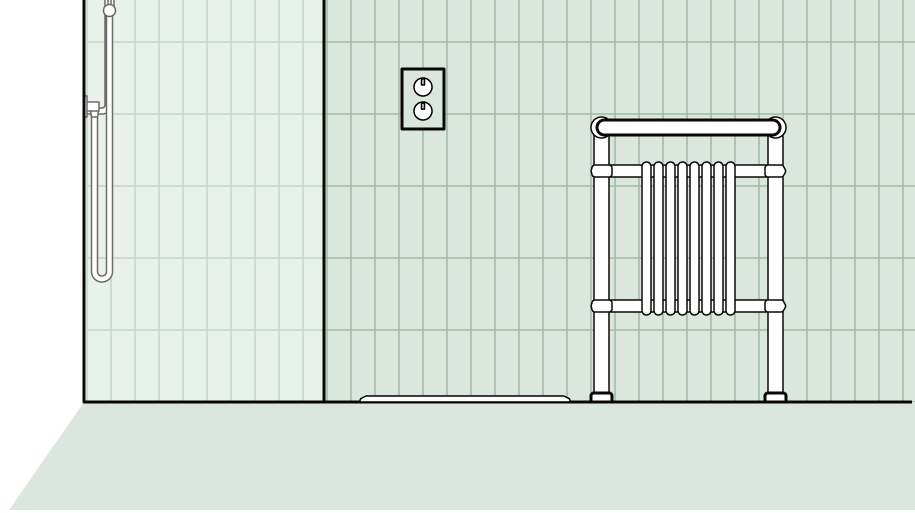 A towel radiator nearby a shower.