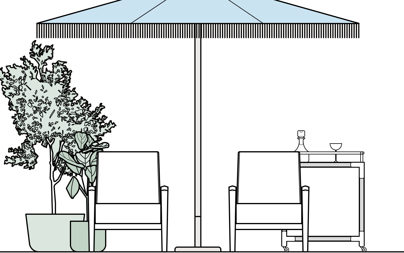 A shaded outdoor seating area showing renovation work being delayed during peak heat