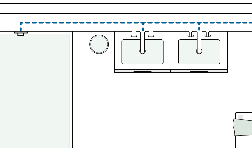 Diagram highlighting a run of concealed pipes in a built out shelf area in front of the wall.