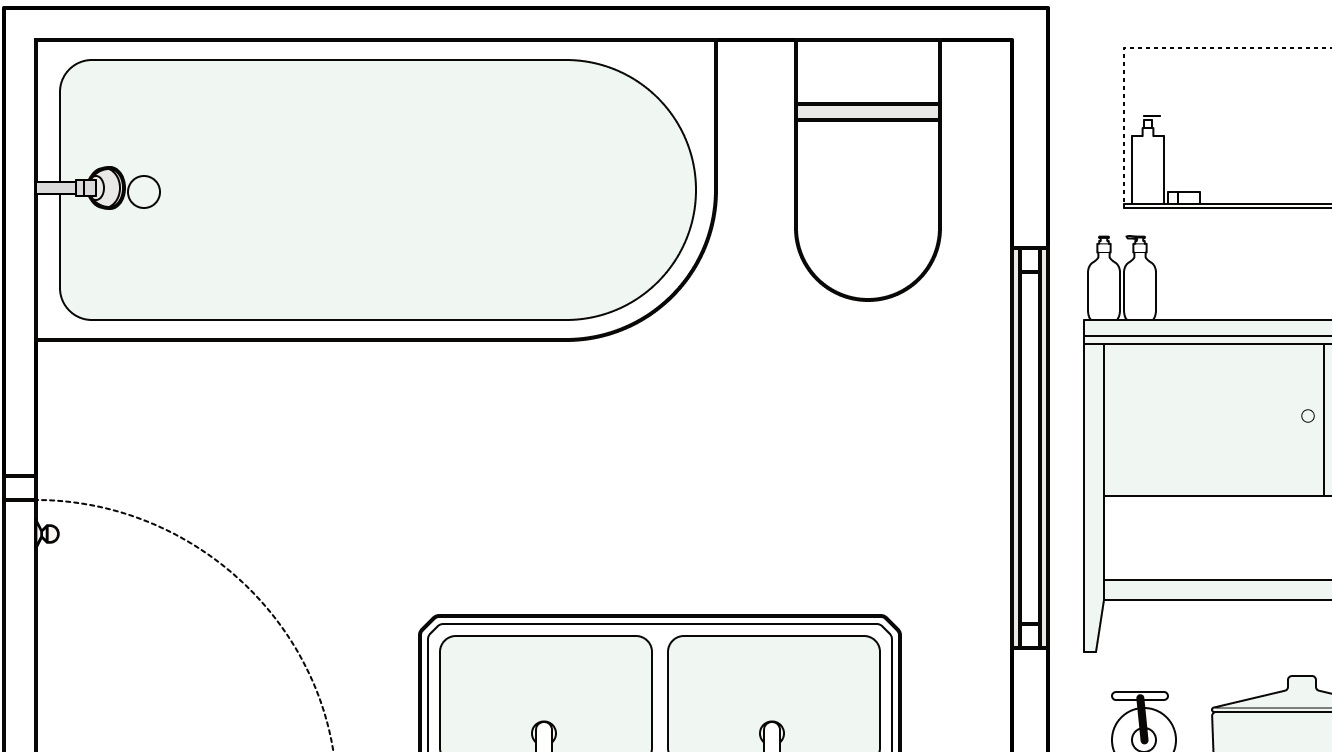 A crowded bathroom plan without any obvious consideration for storage.