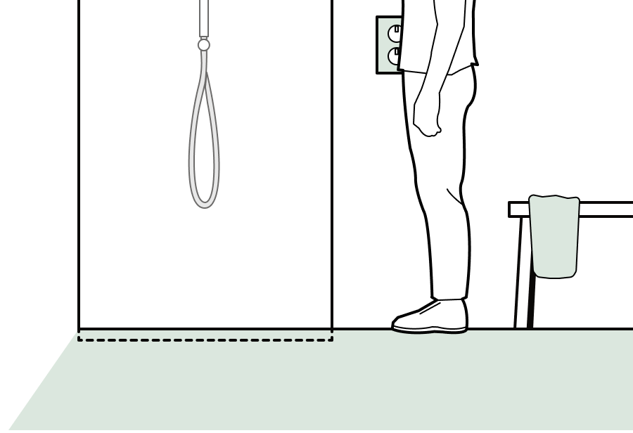 Shower with level access / wet room tray sat below floor level.