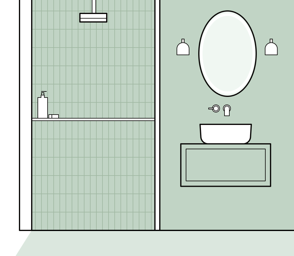 A small bathroom elevation plan with wall hung basin and shower shelf