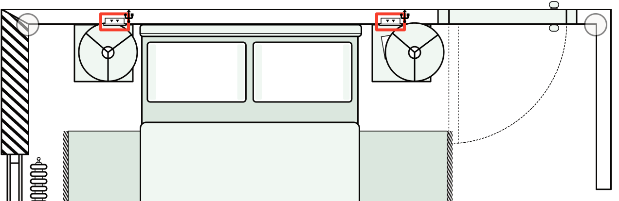 An illustration of a floor plan with a double USB socket either side of the bed