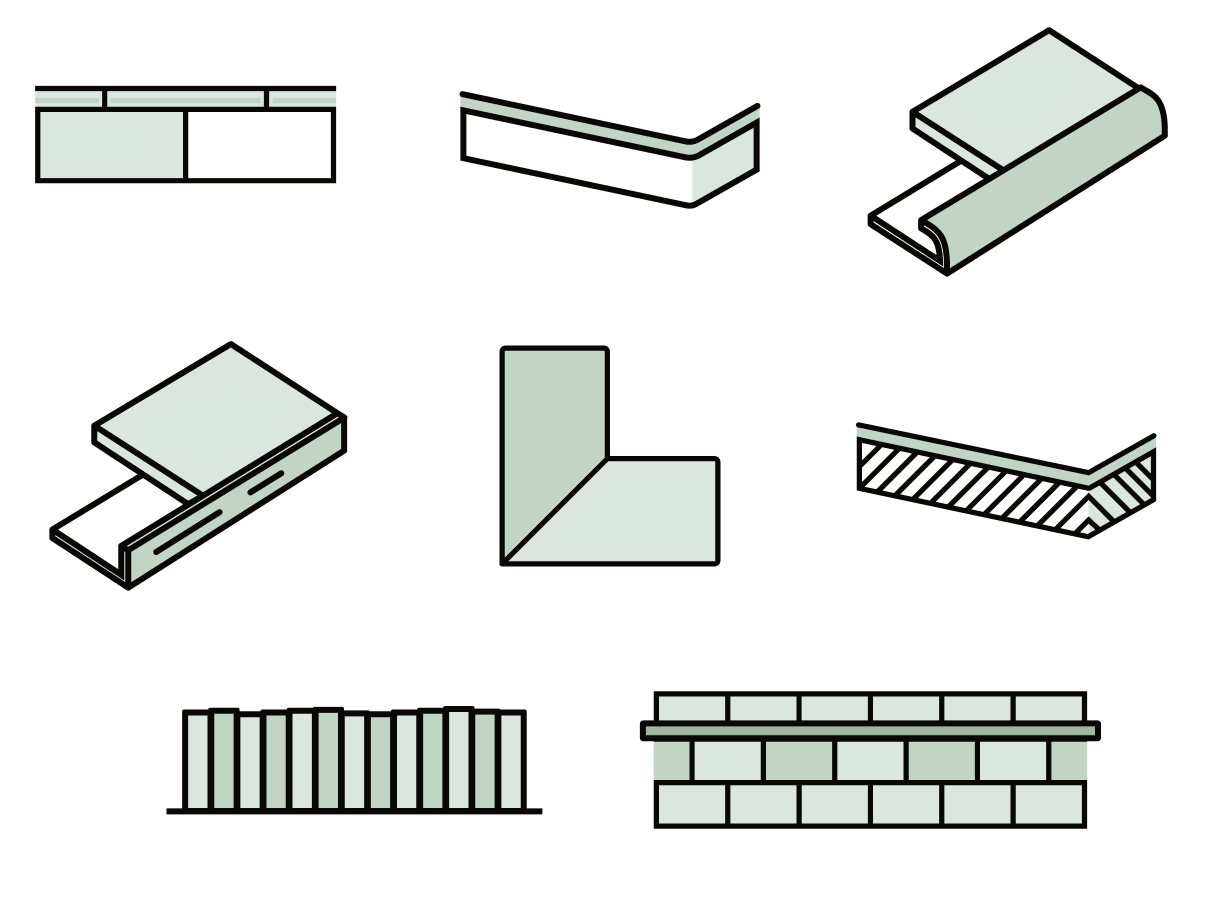 The different types / styles of tile edging illustrated in the Reno app