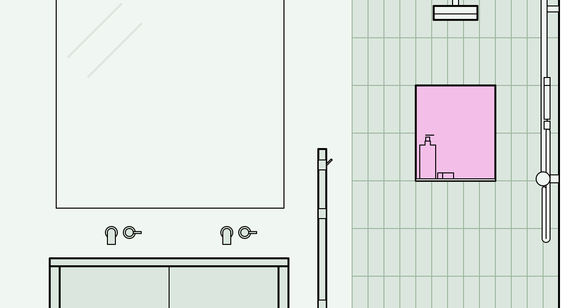 Bathroom illustration with a shower niche lined up against a tile layout.