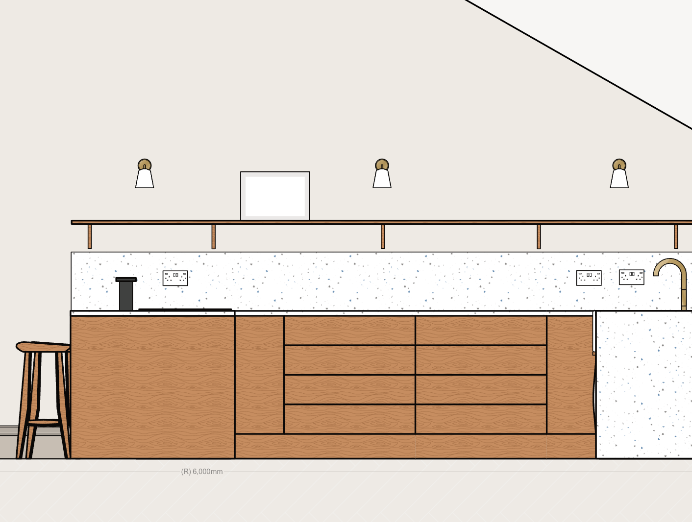 A detailed kitchen wall elevation showing sockets, lighting and finishes