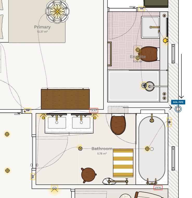 A whole-floor plan joining up bedroom, ensuite and bathroom