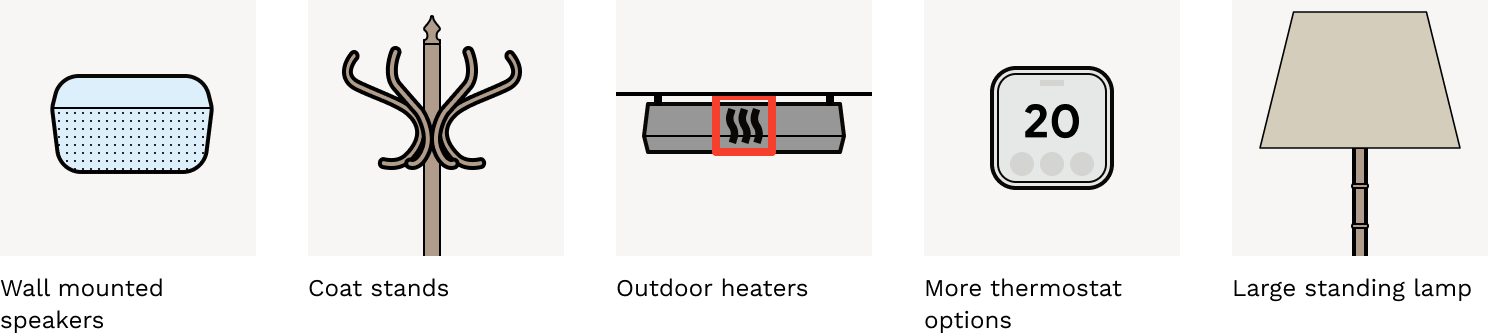 New items added 9th October 2026: wall mounted speakers, coat stands, outdoor heaters, more thermostat options and large standing lamps