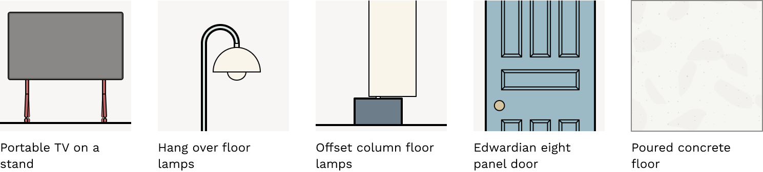 New items added 16th October 2026: portable TV on a stand, hang over floor lamps, offset column floor lamps, Edwardian eight panel door and poured concrete floor