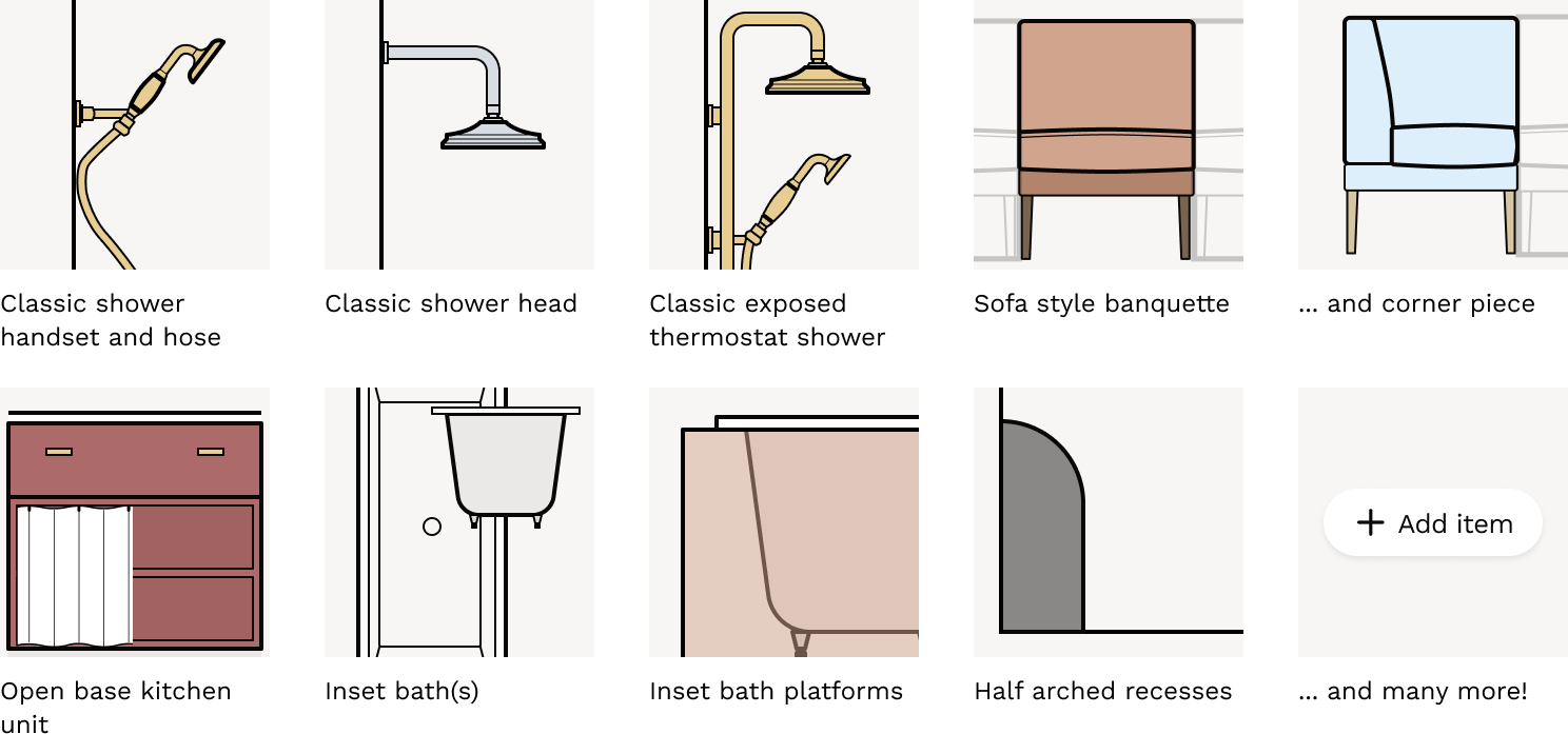 New items added 18th September 2026: classic shower fittings, sofa style banquettes, open base kitchen units and half arched recesses