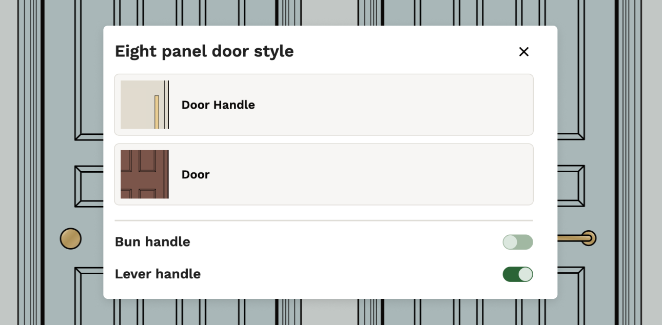 Toggling between bun and lever door handles for an eight panel door in a Reno plan