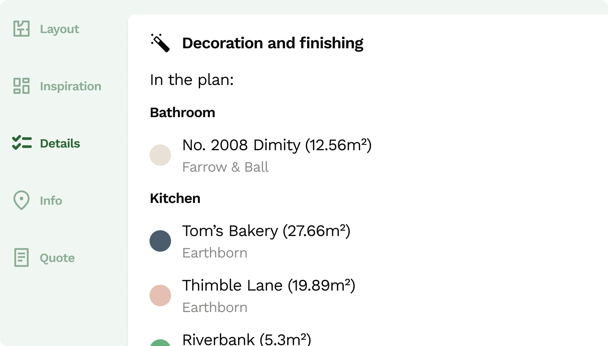 Paints colours and coverage listed in a Reno plan