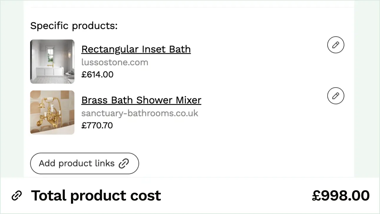 Product link prices and totals shown automatically in the details tab