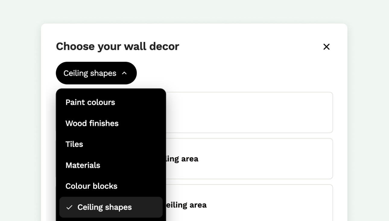 Selecting the new Ceiling shapes option in the wall decor menu for a sloped ceiling in a Reno plan