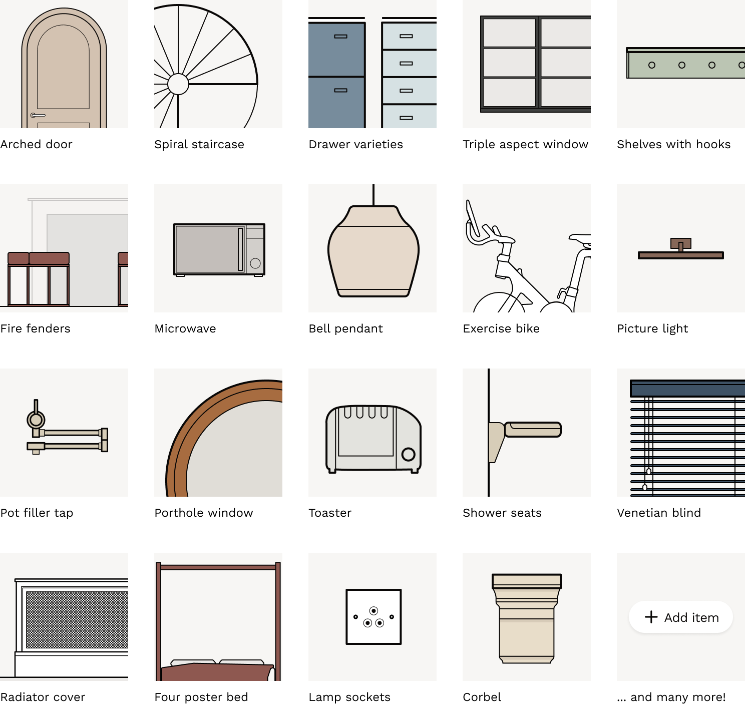 Preview of all the new item libary additions this month, from spiral staircases to exercise bikes.