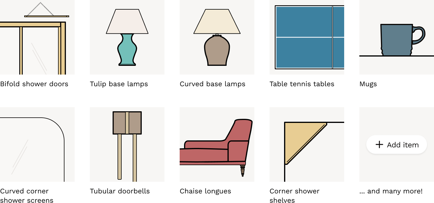 New items added 2nd October 2026: bifold shower doors, tulip base lamps, table tennis tables and curved corner shower screens