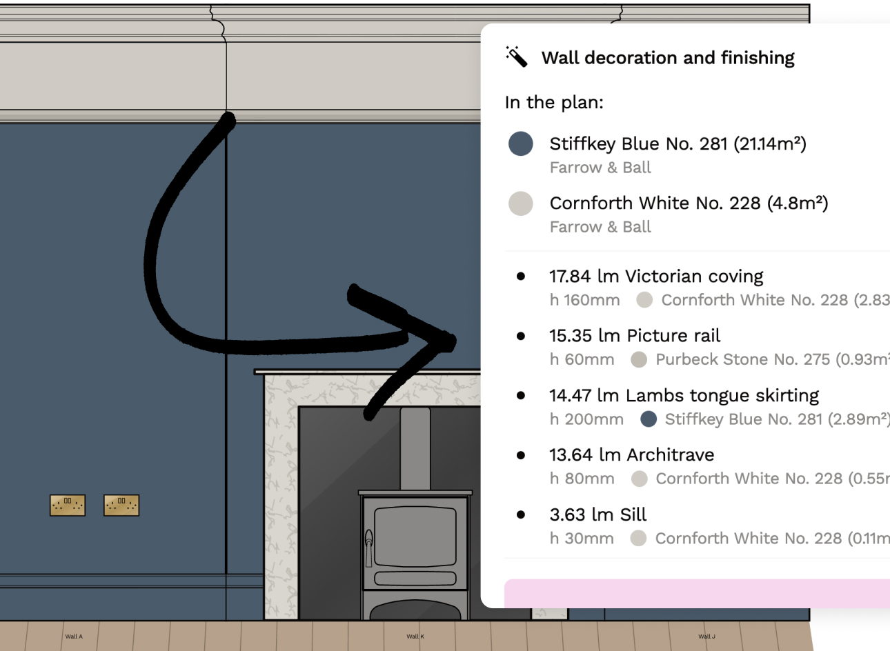 Automatically calculated paint coverage for coving, picture rail, skirting, architrave and sill in a Reno plan