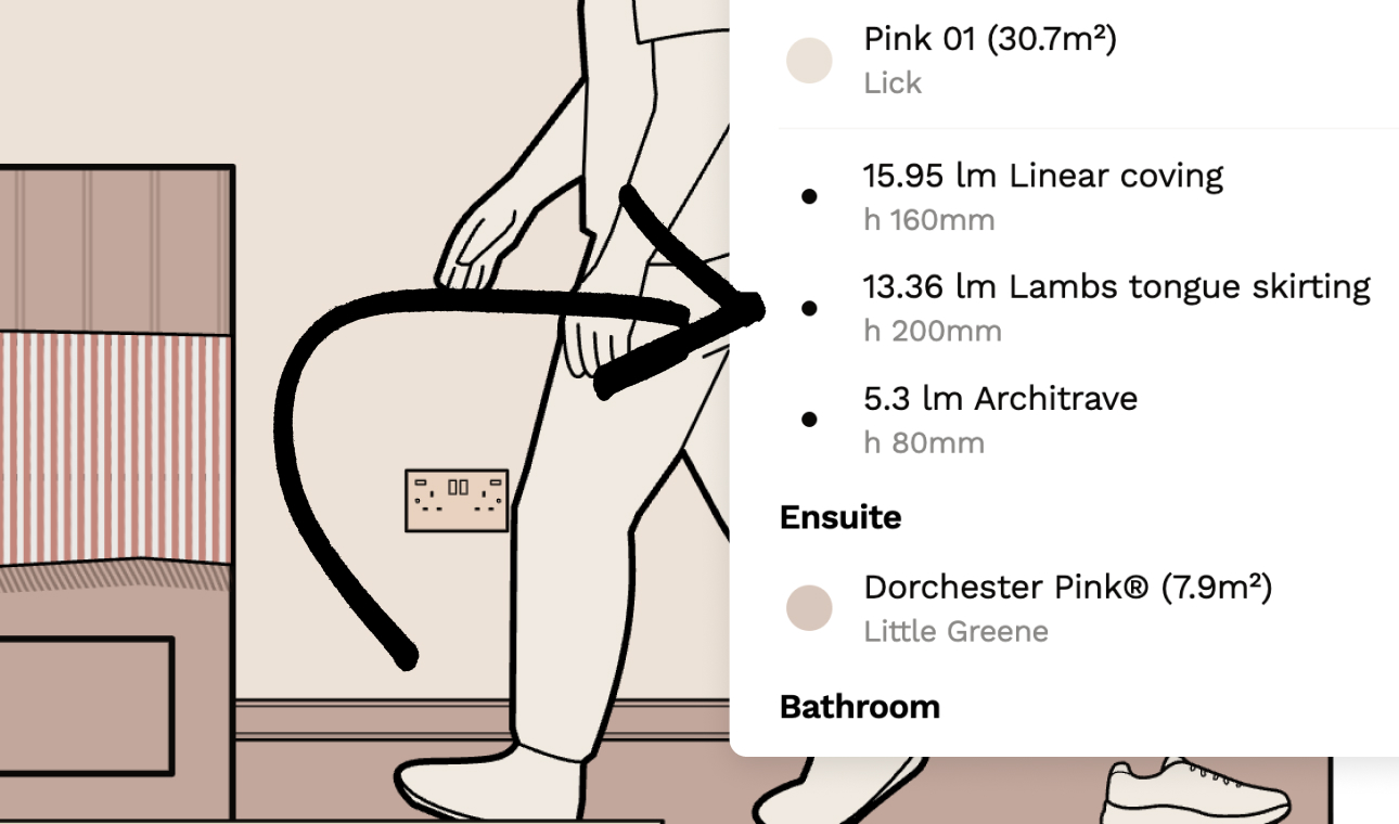 Automatically calculated trim meterage totals for coving, skirting and architrave in a Reno plan