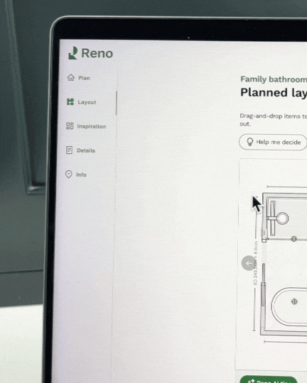 Animation of an AI assistant giving advice on a bathroom layout on Reno
