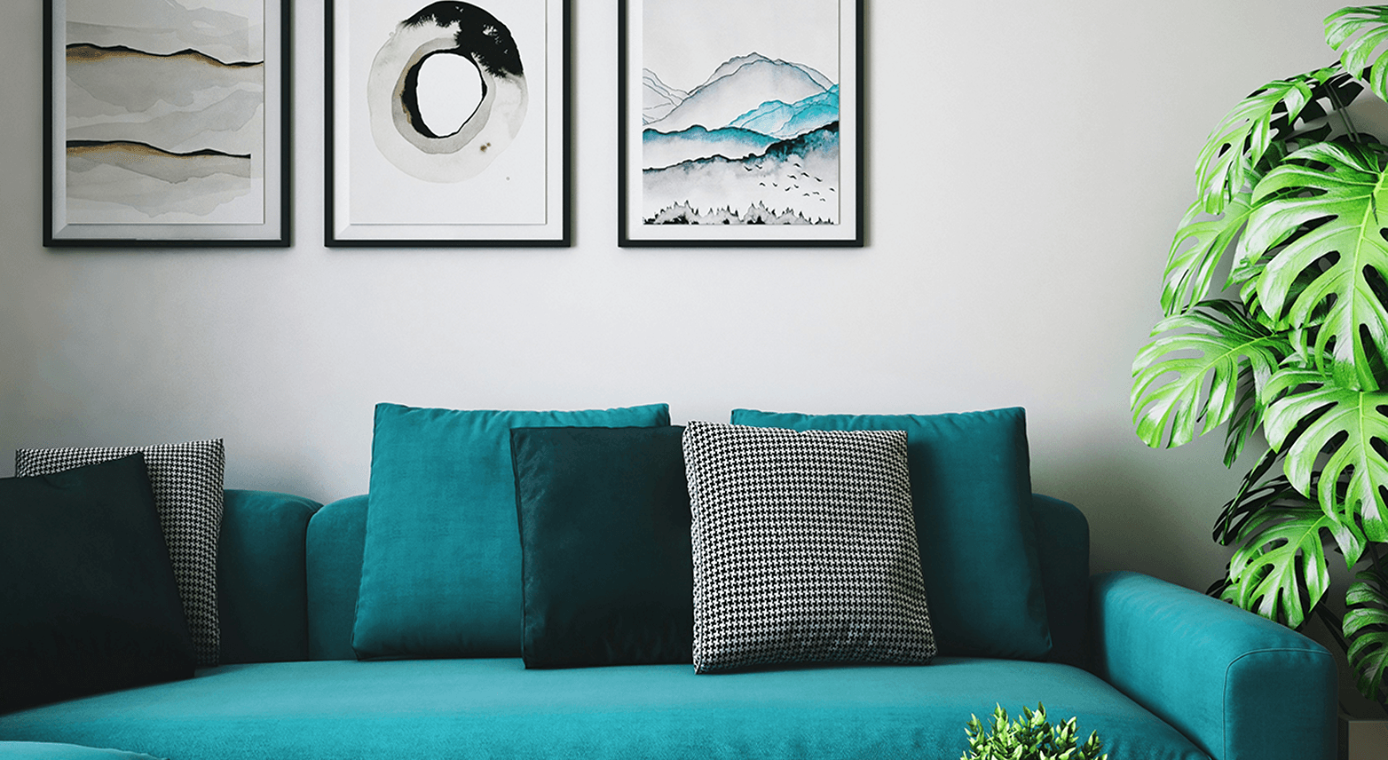 Bold turquoise sofa aligned with accents in wall art