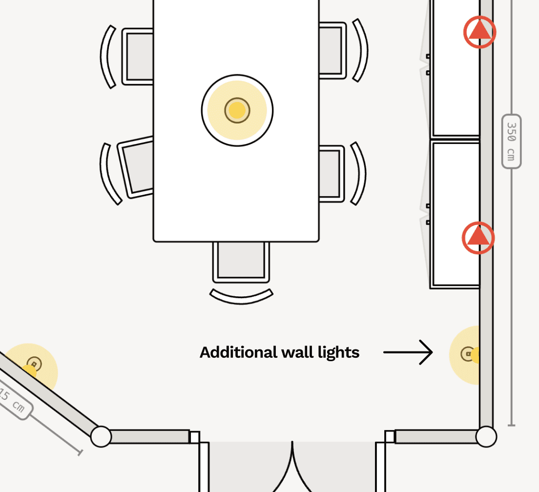 Add electrical plans for your dining room renovation. Symbols for lights, switches, sockets and extractor fans.