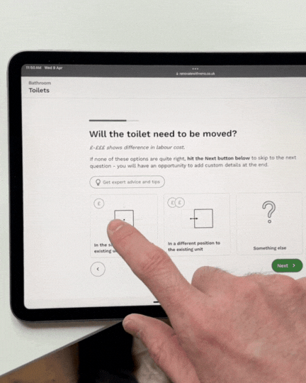 Animation of a tip inside the Reno app, the example is offering advice on moving a toilet