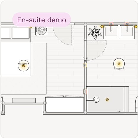 Interactive floor plan demo of a bedroom with ensuite bathroom