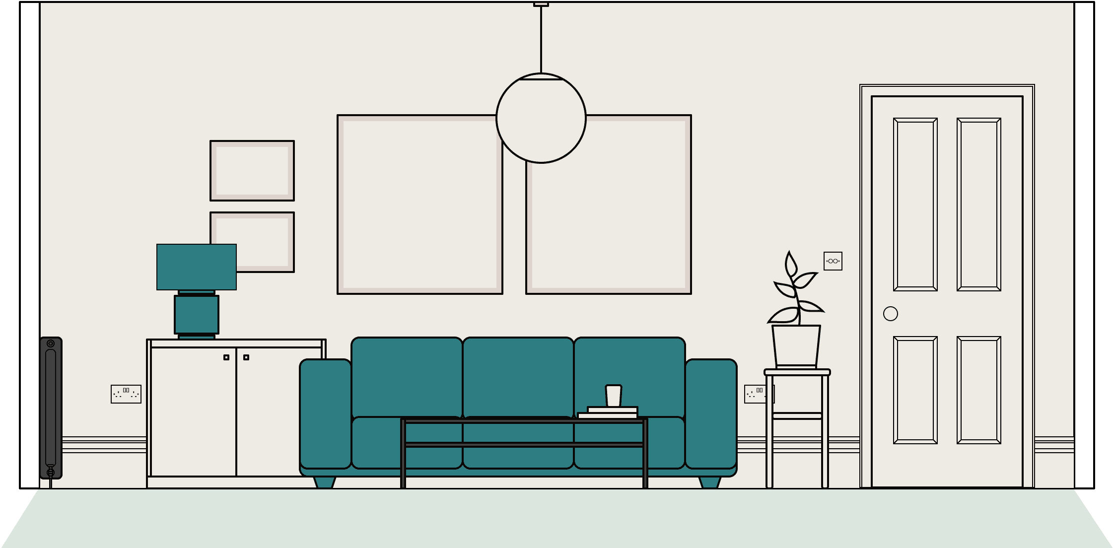 Lounge / living room designed with Reno - blue statement sofa tied in with blue/green accessories