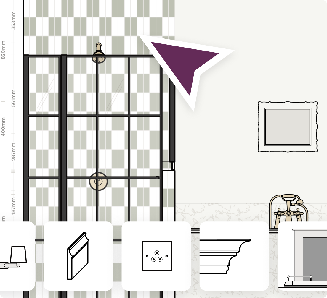 Trying out designs in an elevation view, selecting tiles, skirting, panelling, colours, fixtures and fittings