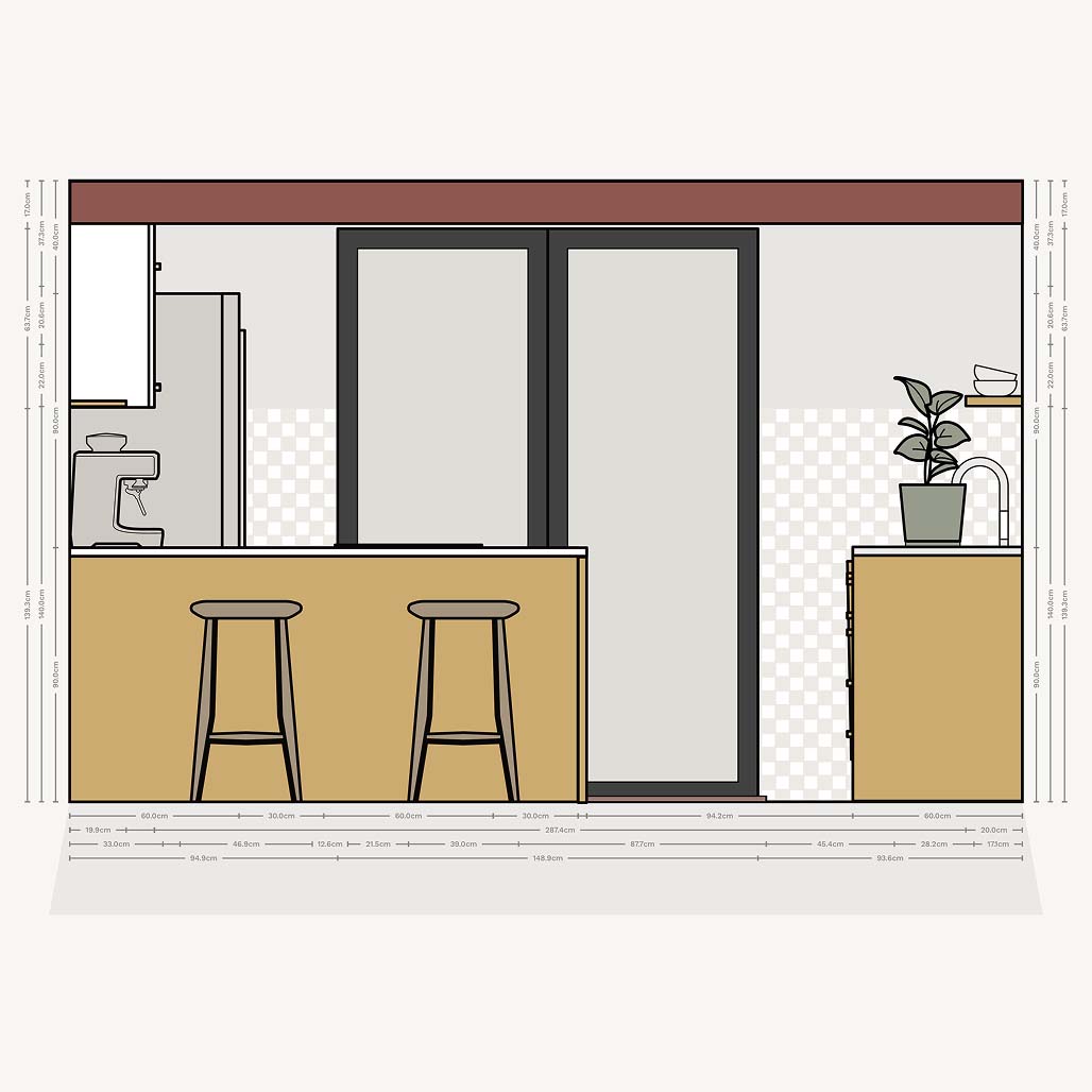 Wall elevation of kitchen with breakfast bar peninsula
