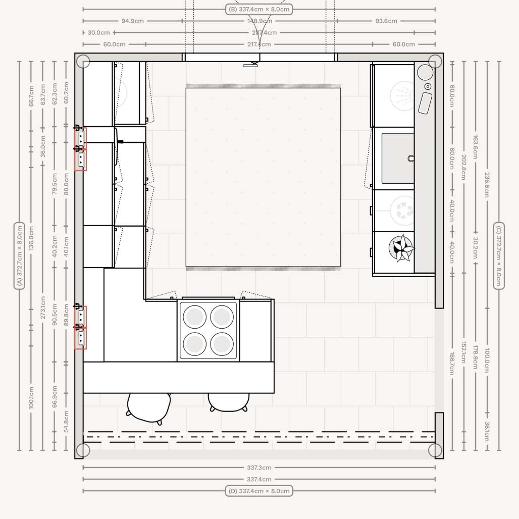 Floor plan / layout of kitchen with breakfast bar peninsula