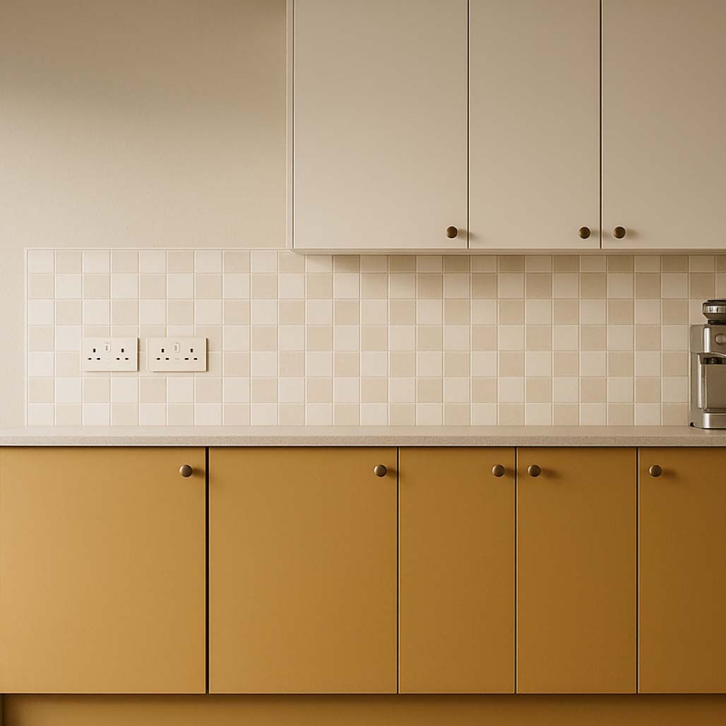 Photo preview of a section of a mustard and white kitchen