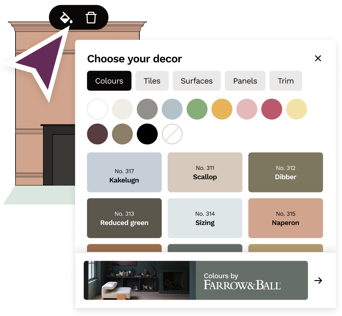 Show which walls are painted in what colour, where the tiling runs up to or splashbacks.