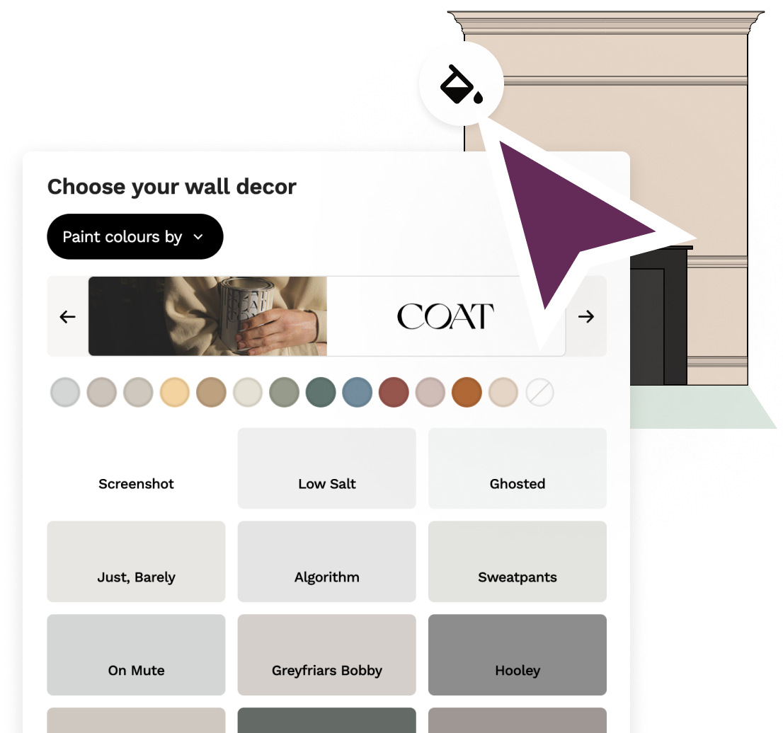 Show which walls are painted in what colour, where the tiling runs up to or splashbacks.