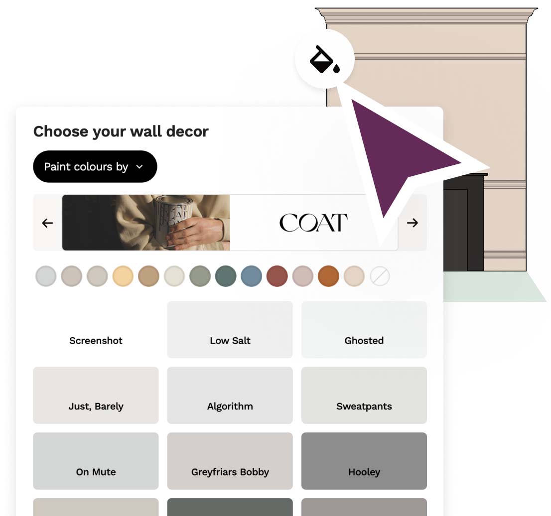 Reno's decor feature allows you to add features like wood panelling, skirting and cornicing as well as art and plants to bring your room design to life