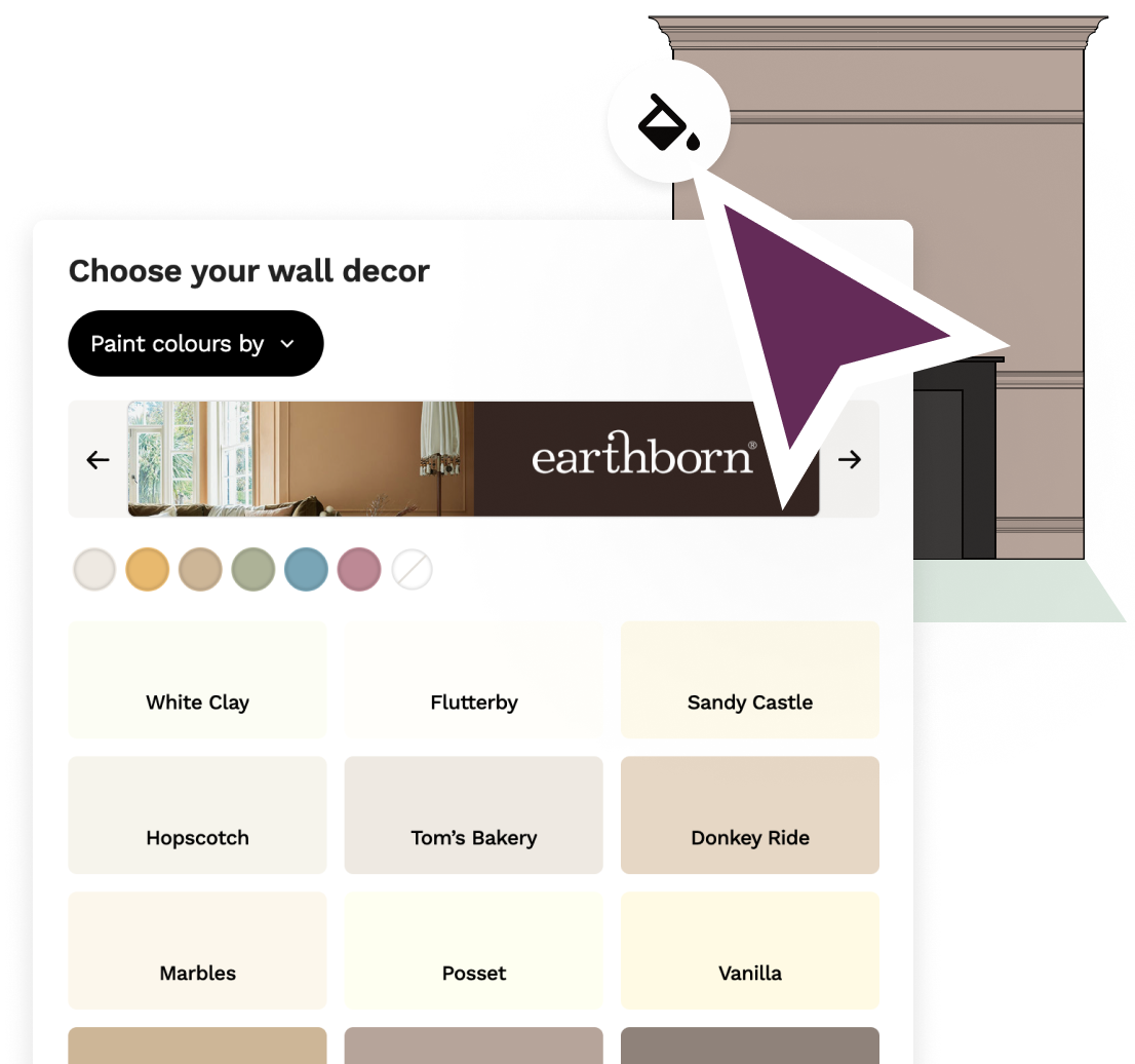 Show which walls are painted in what colour, where the tiling runs up to or splashbacks.